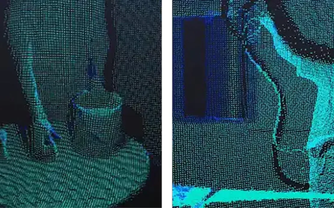 RoboSense E2 resolving slender objects such as chair legs and cables at 1 cm precision and 0.375 degree angular resolution