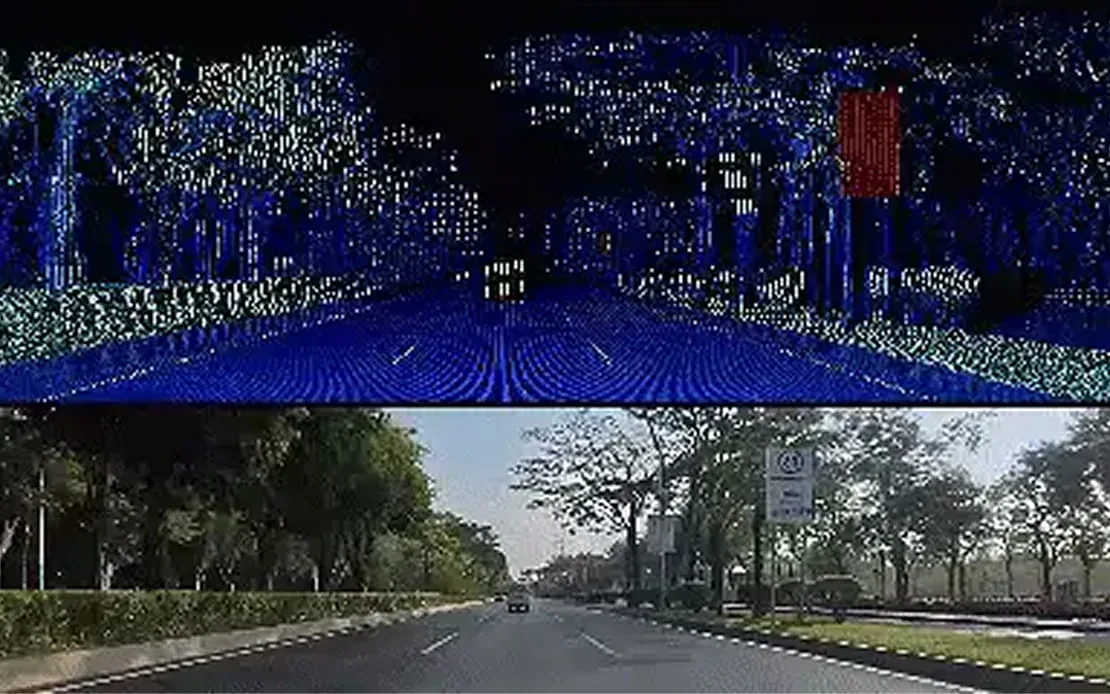 Spatiotemporal mixed encoding separating genuine returns from bloom on retroreflective signs