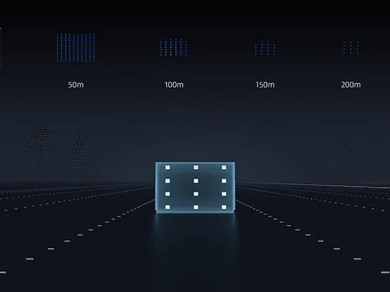 A 40 by 25 centimetre black cardboard box detected by the RoboSense EM4 at 250 metres