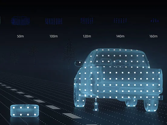 A black tire on the carriageway detected by the RoboSense EM4 at 170 metres