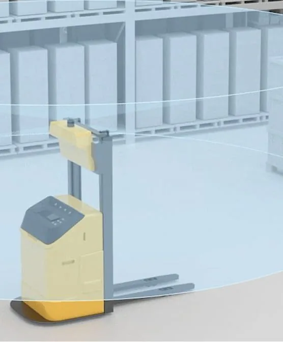 RoboSense Fairy holding pallet faces and racking geometry precisely across a long warehouse aisle