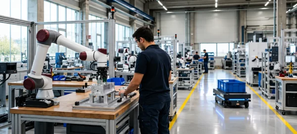 Engineer working beside a collaborative robot arm on a factory floor