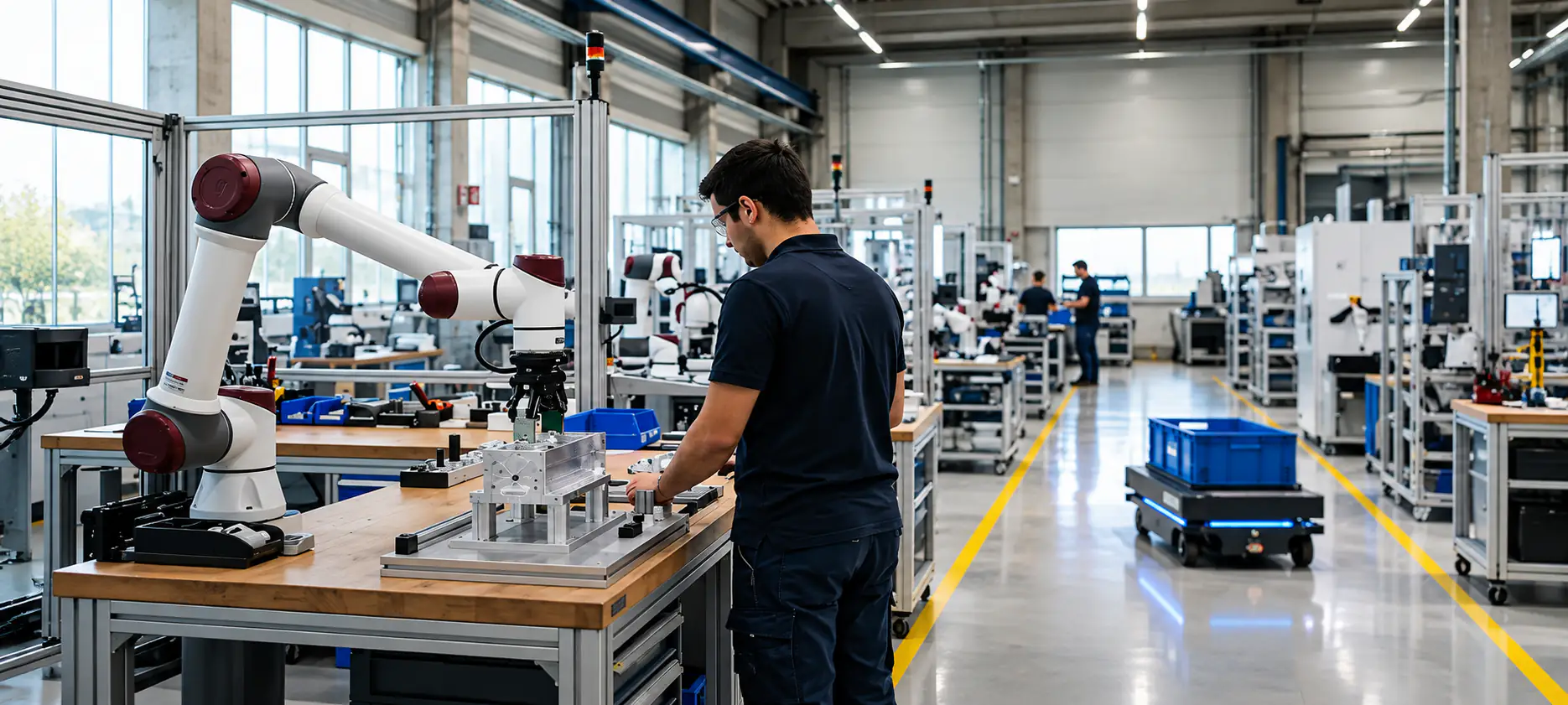 Engineer working beside a collaborative robot arm on a factory floor with mobile robots