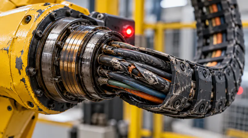 Worn cable bundle in a robot arm cable carrier