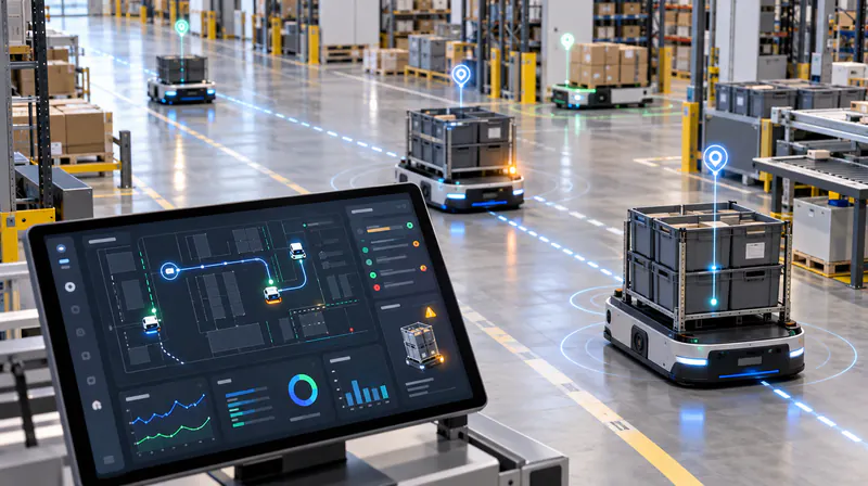 Tablet showing a robot fleet dashboard with mobile robots moving in a warehouse