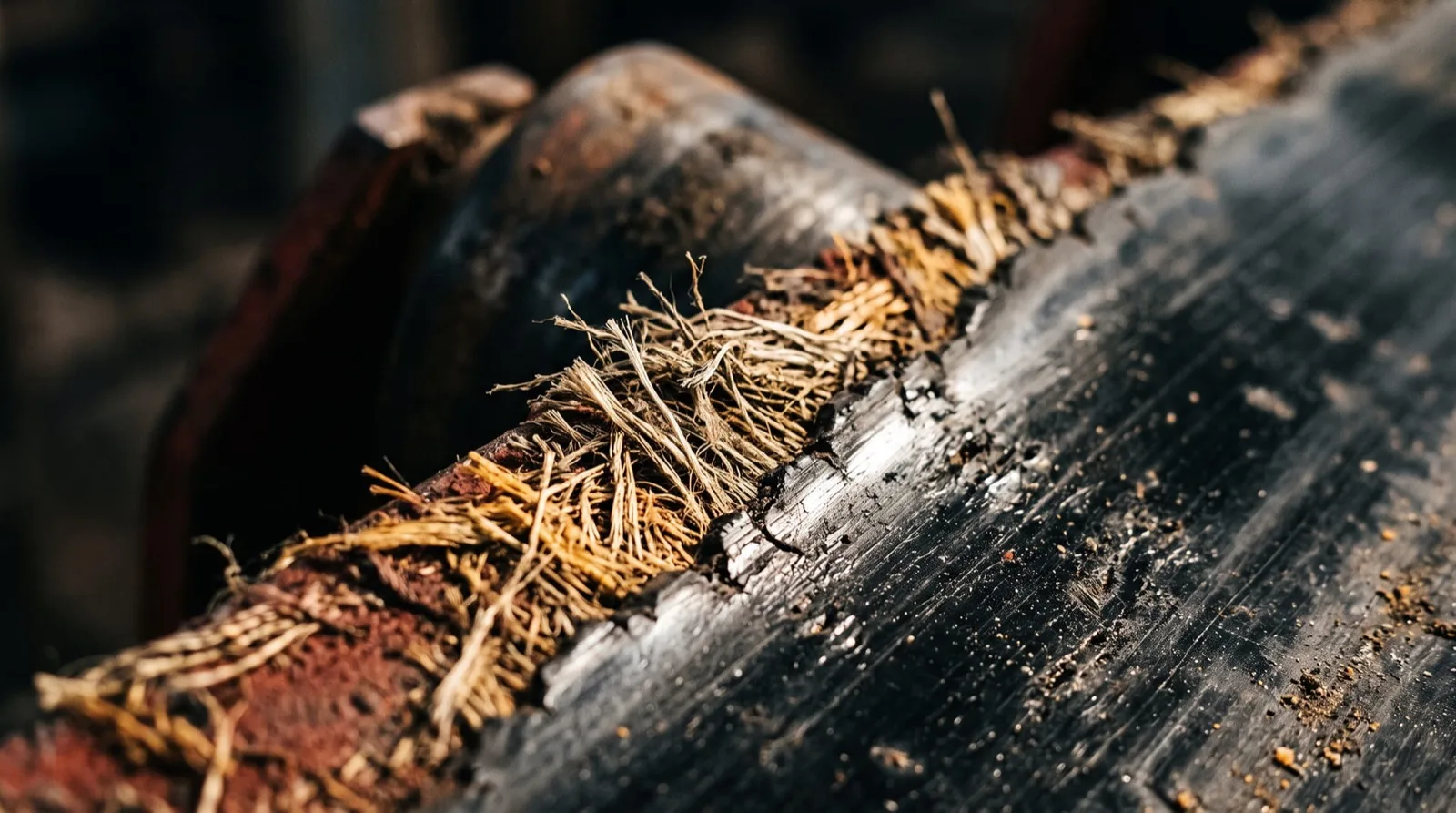 Close-up of a rubber conveyor belt edge showing fraying and wear from running against the structure
