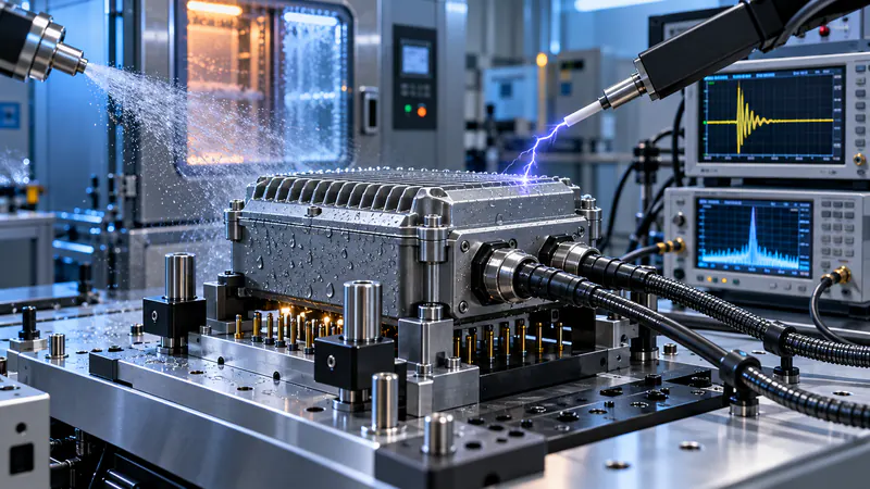 Rugged electronics enclosure undergoing EMC testing with signal analyzers
