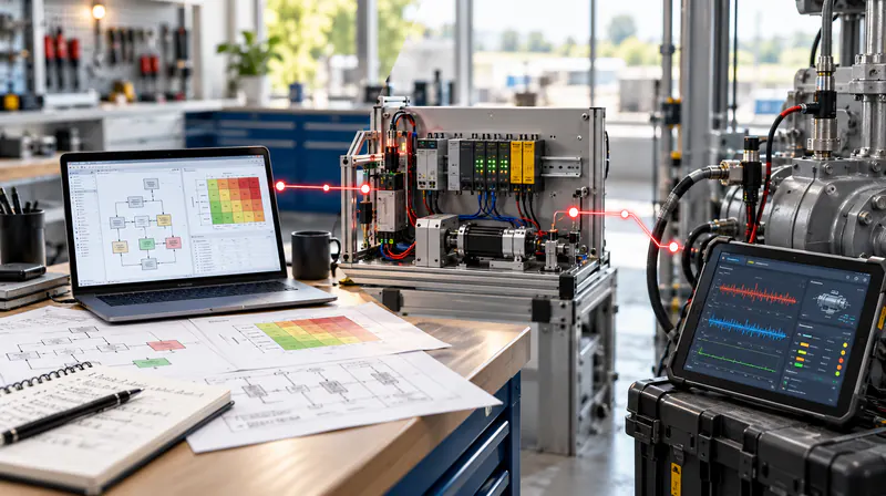 Engineering desk with safety architecture diagrams, a laptop and a test bench for verification and validation