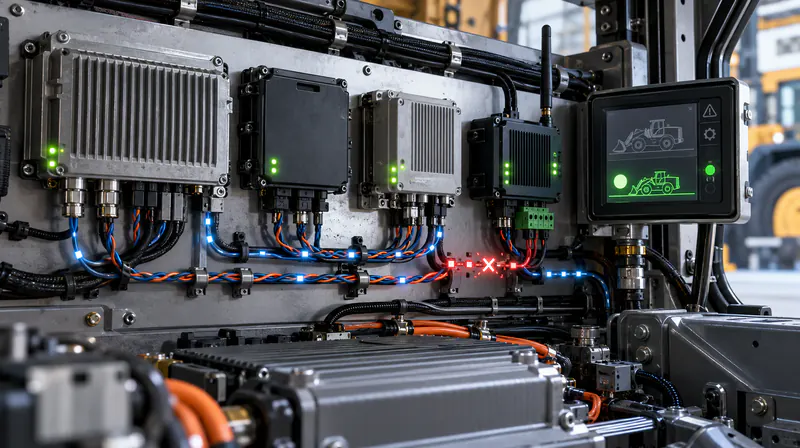 Industrial controllers linked by safety communication cables with status indicators