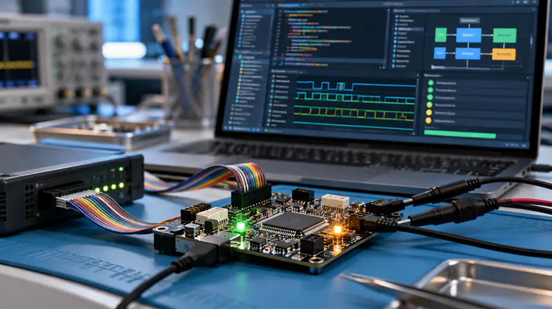 Embedded controller board connected to a laptop running safety firmware tests