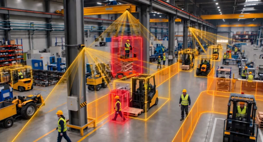 Safety-rated 3D LiDAR sensors on a factory floor flagging workers in red danger zones around forklifts and a scissor lift