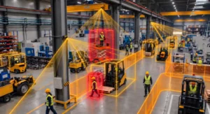 Safety-rated 3D LiDAR sensors on a factory floor flagging workers in red danger zones around forklifts and a scissor lift