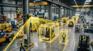 Safety-rated LiDAR sensor projecting detection beams across a factory floor, with bounding boxes tracking forklifts and workers