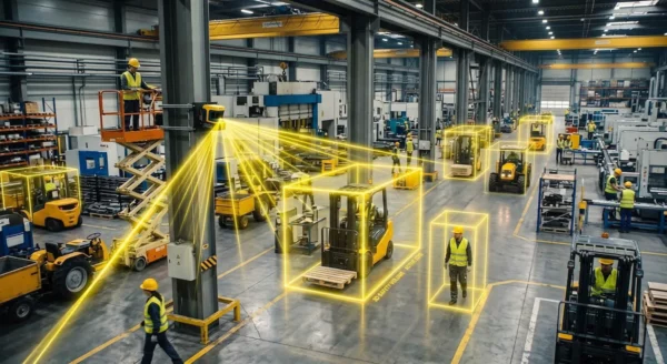 Safety-rated LiDAR sensor projecting detection beams across a factory floor, with bounding boxes tracking forklifts and workers