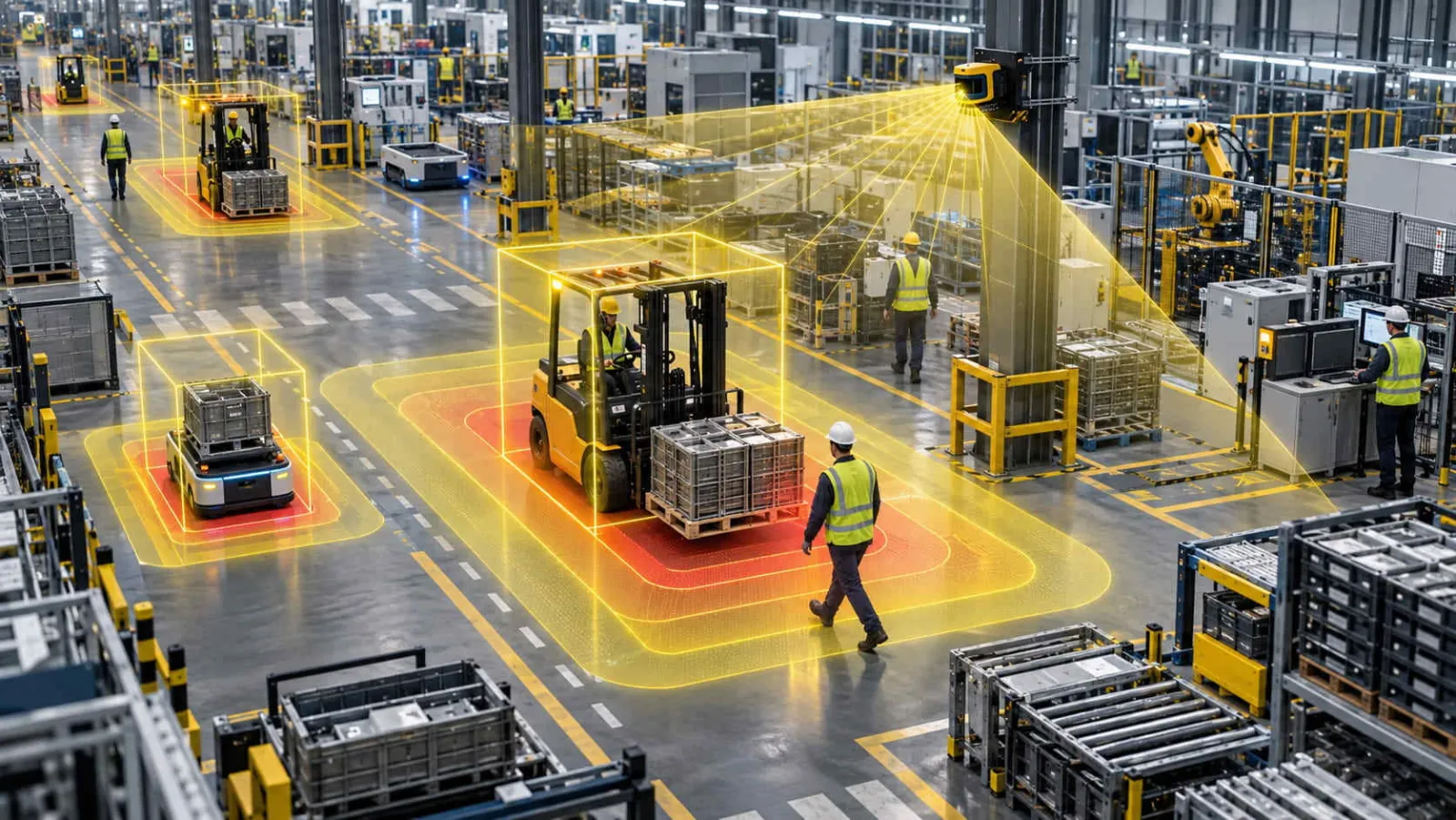 Overhead view of a plant where layered yellow warning fields and red protective fields surround forklifts and AMRs working alongside people on foot