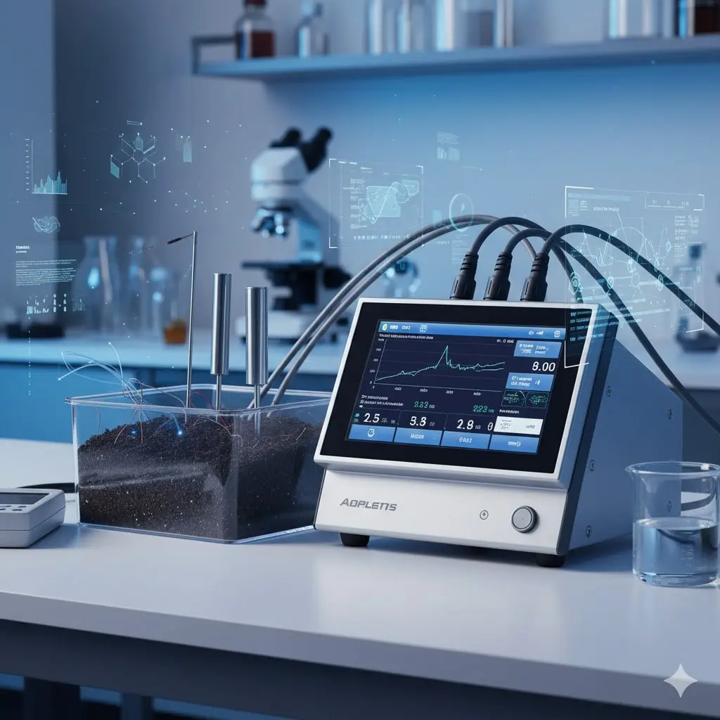 Laboratory soil analysis equipment with integrated sensor system, digital display showing real-time measurements, and holographic data visualization in research environment