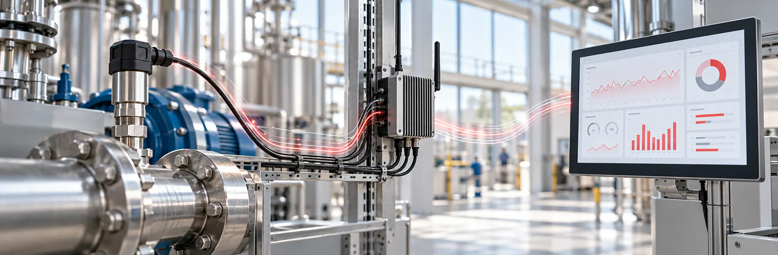 Pump sensors wired to an edge device with a live analytics dashboard on a display