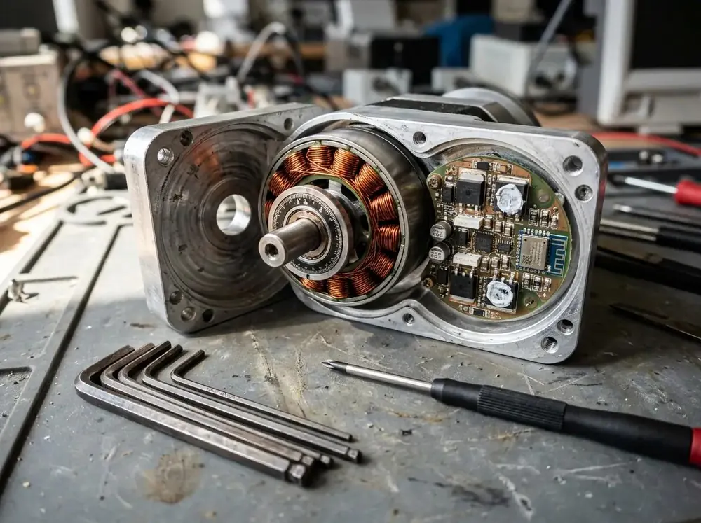 Opened servo motor with exposed stator windings and tools on a workbench