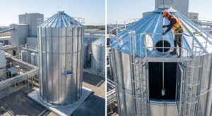 Industrial storage silo at a plant next to a worker in a harness and hard hat leaning over the open roof hatch, lowering a weighted tape to measure the material level by hand