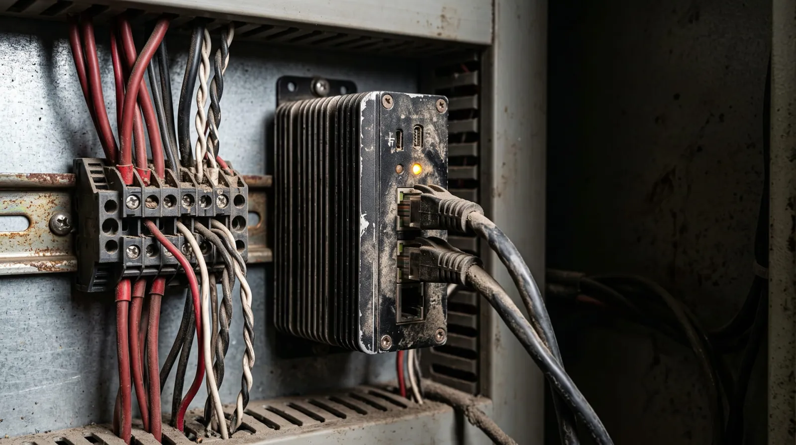 Wiring and terminals inside an industrial control cabinet where silo volume and peak pile height registers are passed to SCADA over Modbus TCP