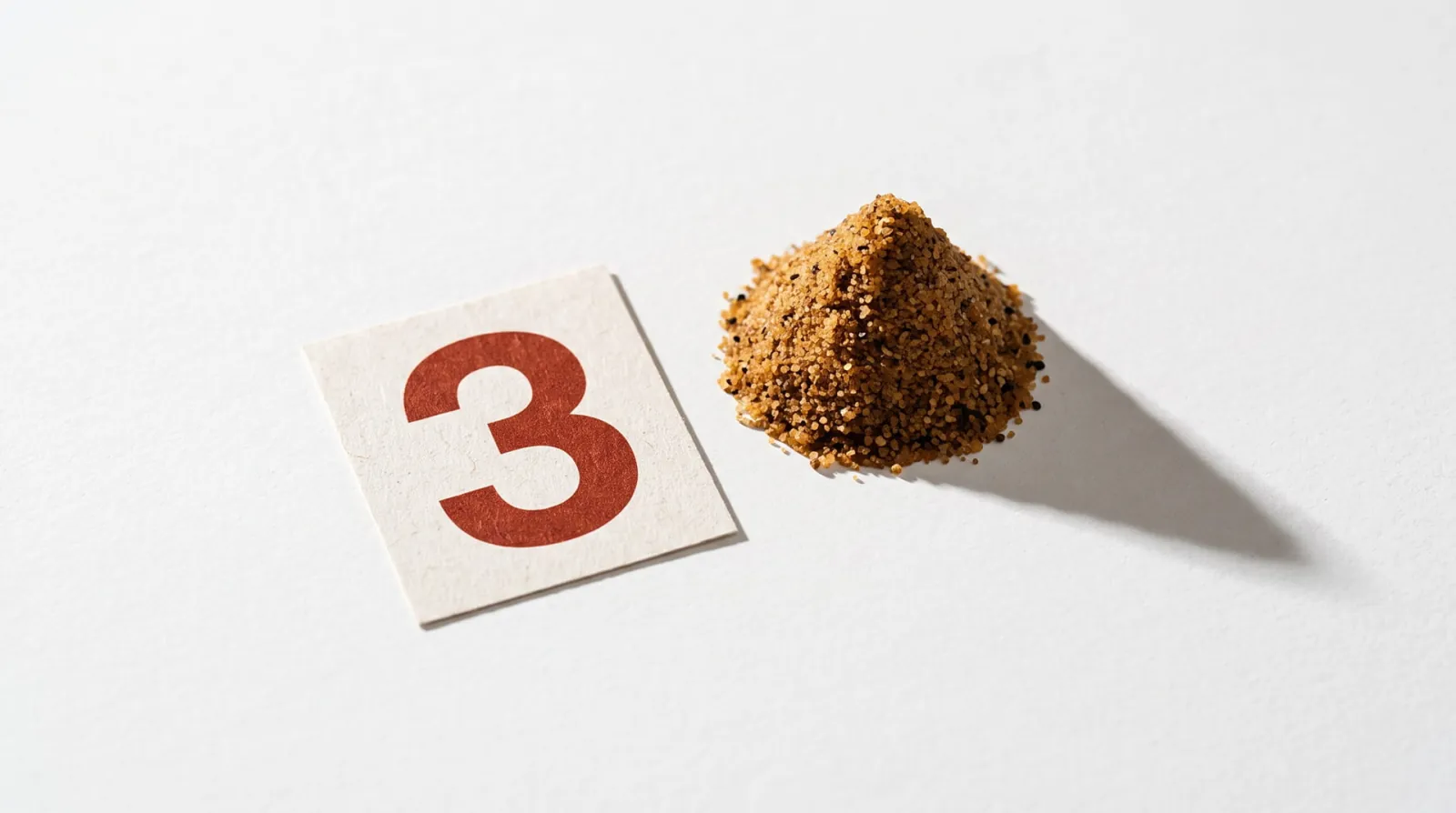 A printed number card beside a small pile of granular material, showing that a single level reading cannot describe the shape of the surface