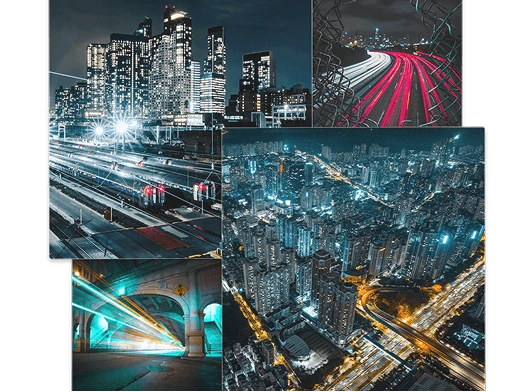Smart city skyline with a live sensor and data network overlay