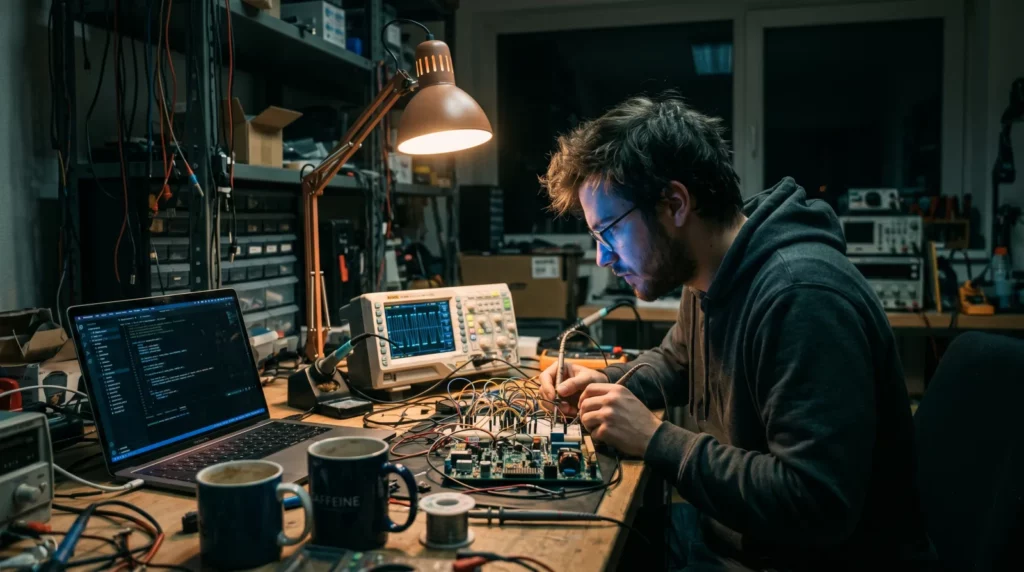 Hardware engineer debugging a prototype PCB alone late at night, illustrating the long, costly development loops that drain hardware startup runway