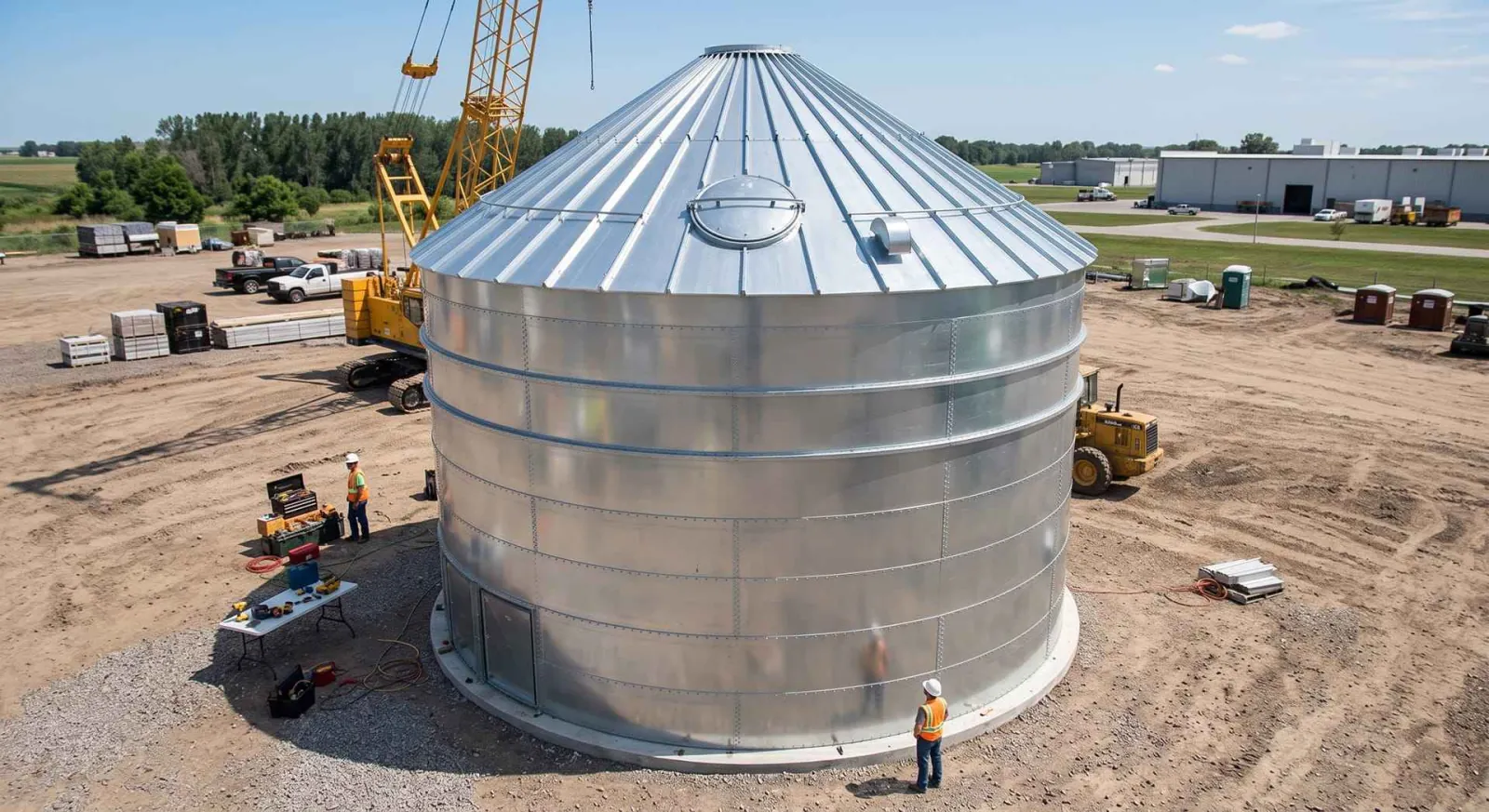 Exterior of a completed steel bulk storage silo, a sealed shell that gives no view of the material surface inside