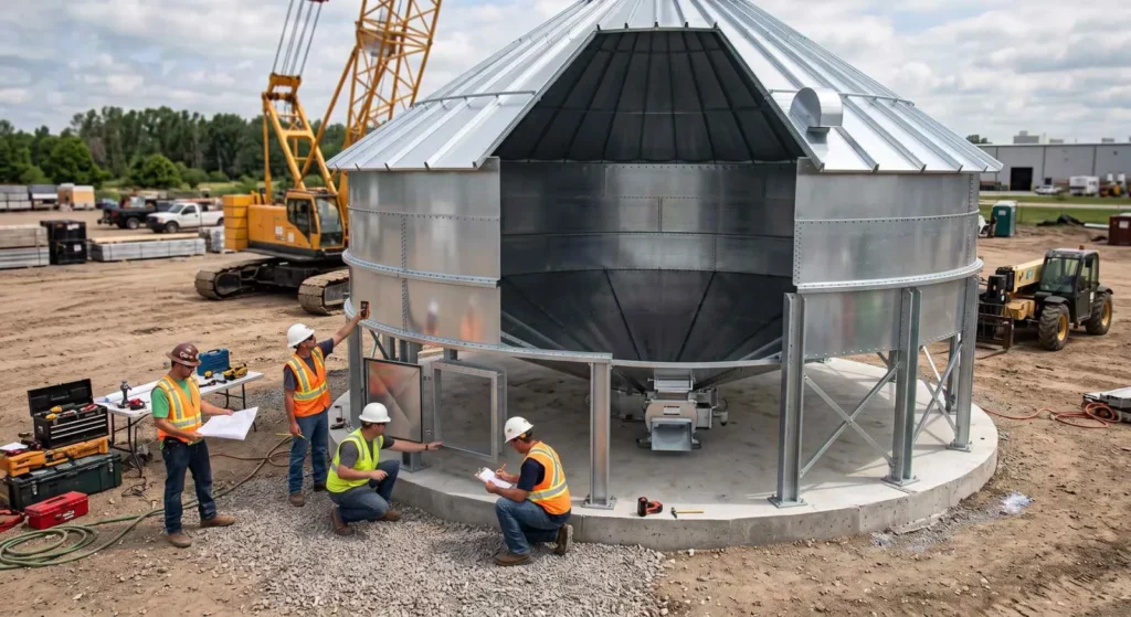 Steel storage silo under construction with the cone hopper and discharge outlet exposed and a crew working on the concrete pad