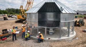 Steel storage silo under construction with the cone hopper and discharge outlet exposed and a crew working on the concrete pad