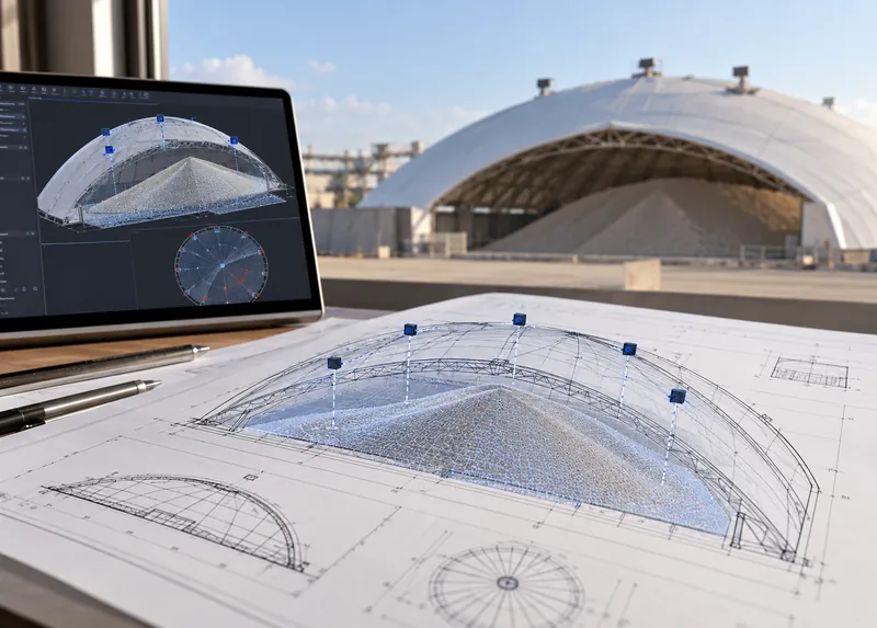 Laptop showing a 3D dome model on top of dome blueprints in front of a storage dome