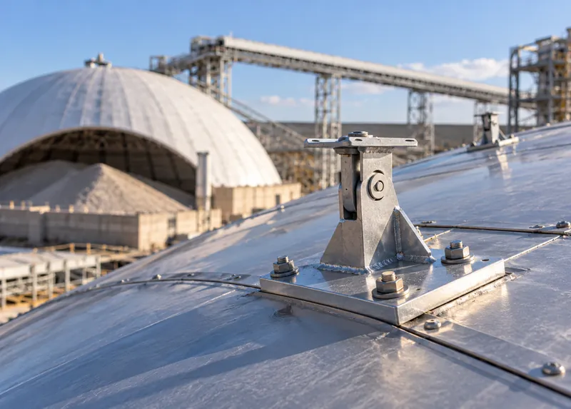 Sensor mounting plate on a dome roof next to a conveyor gantry