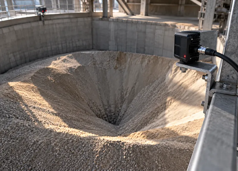 Sensor on a wall above a crater in a pile inside a concrete bay