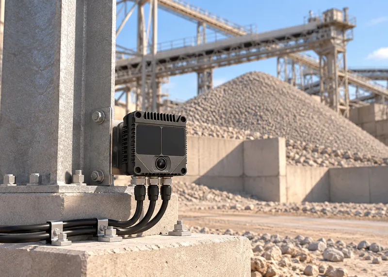 Sensor on a concrete post with cables beside piles of material