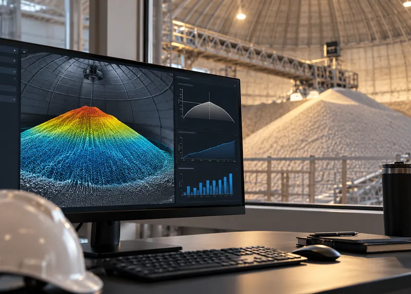 Monitor showing a 3D pile map in front of a storage dome, a hard hat on the desk