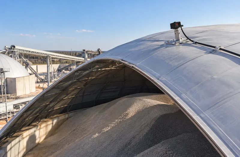 Exterior of a metal dome roof with a sensor mount on top and a pile visible inside