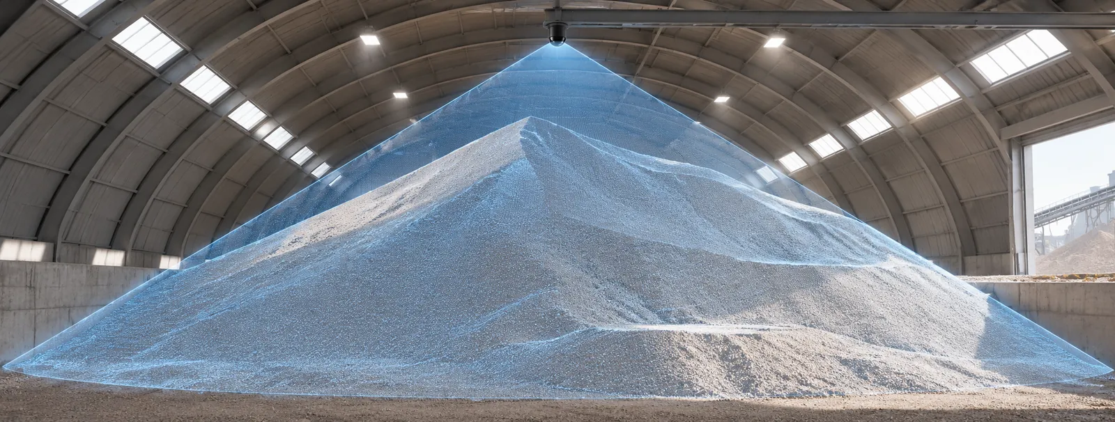 Pile of material inside a dome shown with a blue scan overlay