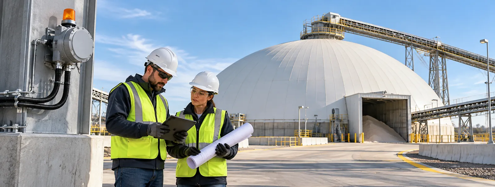 Two engineers with plans in front of a storage dome and a conveyor gantry