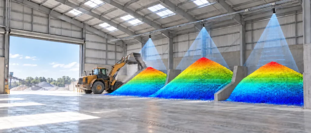 Ceiling-mounted LiDAR sensors scanning three bulk material stockpiles in a warehouse while a wheel loader moves aggregate