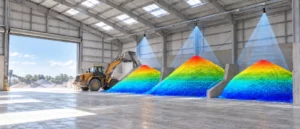 Ceiling-mounted LiDAR sensors scanning three bulk material stockpiles in a warehouse while a wheel loader moves aggregate
