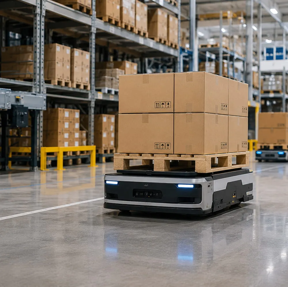 SXC01 application — logistics robot carrying boxes