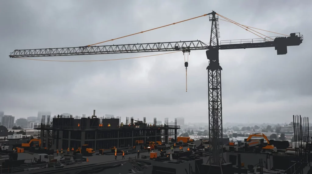 Tower crane operating on a 2026 urban construction site where wireless operator pendants and cellular gateways coexist with legacy CAN bus cable harnesses