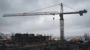 Tower crane operating on a 2026 urban construction site where wireless operator pendants and cellular gateways coexist with legacy CAN bus cable harnesses