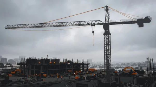 Tower crane operating on a 2026 urban construction site where wireless operator pendants and cellular gateways coexist with legacy CAN bus cable harnesses