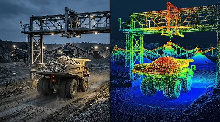Mining haul truck payload measured in real time using point cloud scanning — before and after 3D comparison