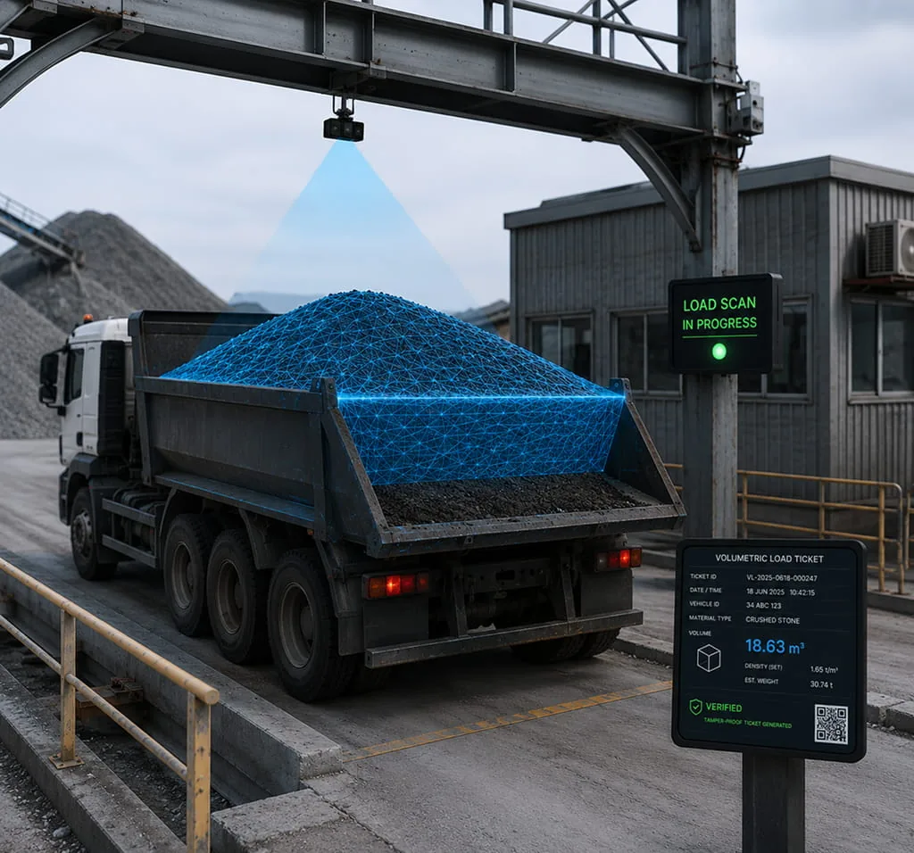 Truck passing under a VMS-FL180 LiDAR gantry that generates a tamper-proof volumetric load ticket automatically