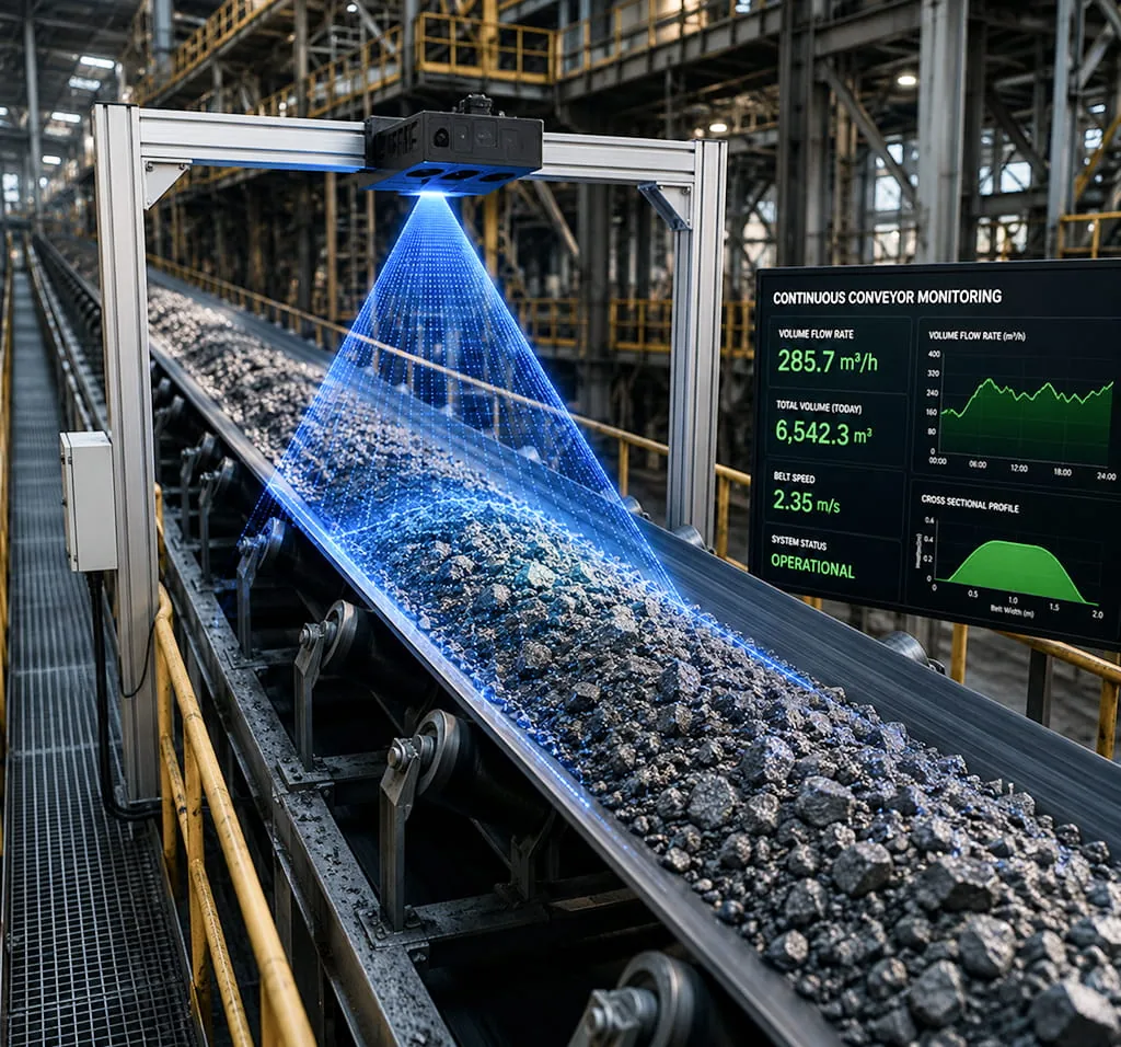 VMS-FL180 LiDAR sensor measuring real-time volume flow rate of aggregate on a moving conveyor belt beside a monitoring dashboard