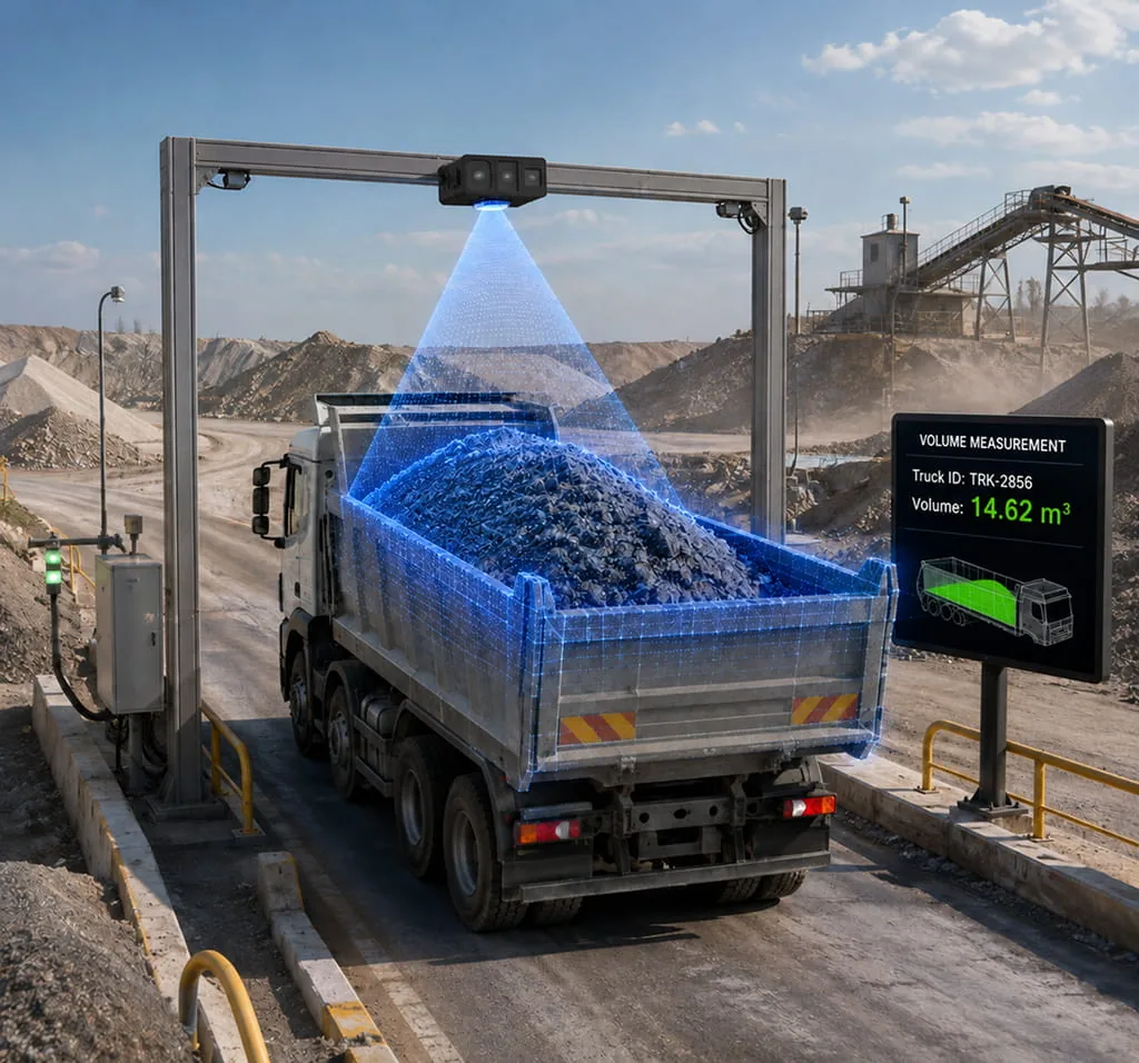 VMS-FL180 LiDAR portal scanning a loaded truck bed in motion and showing the measured volume on a roadside display