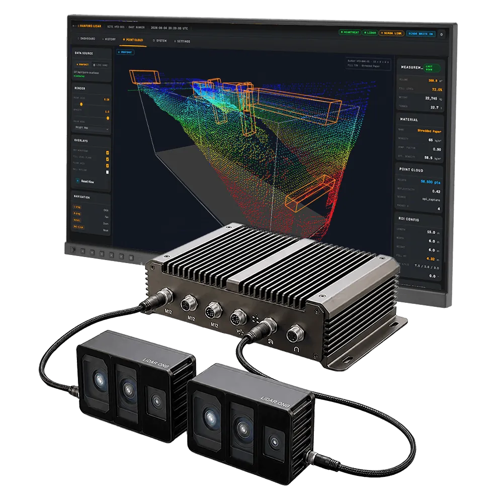 Cratus Technology VMS-FL180 LiDAR volume measurement system with two solid-state flash LiDAR sensors, industrial edge computer and 3D point cloud visualization software