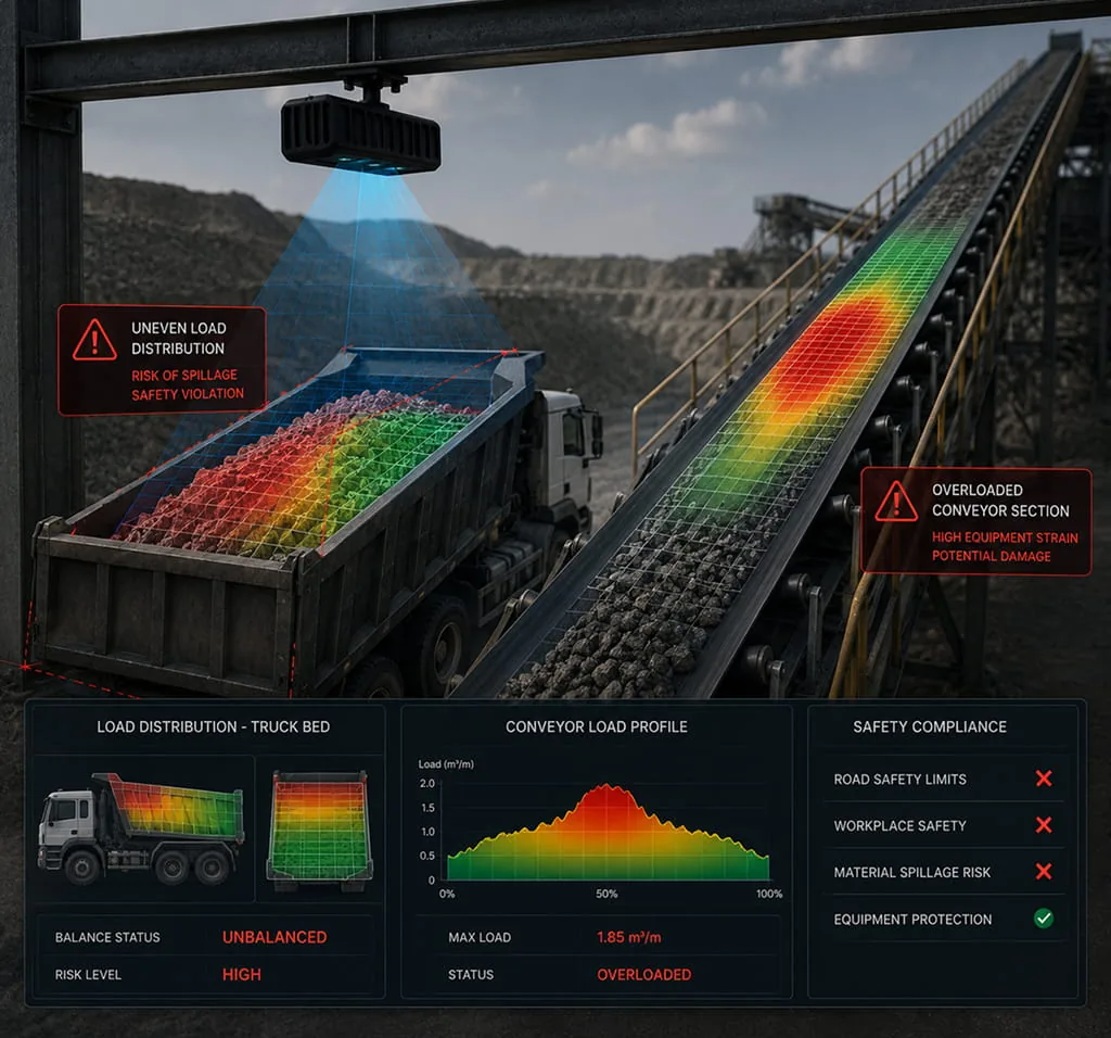 Heat-map view of an unevenly loaded truck bed and an overloaded conveyor section detected by the VMS-FL180 for safety compliance